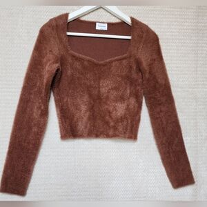 Aritzia Sunday Best Elsie Long Sleeve Sweater Women Sz S In Brown Fuzzy Cropped